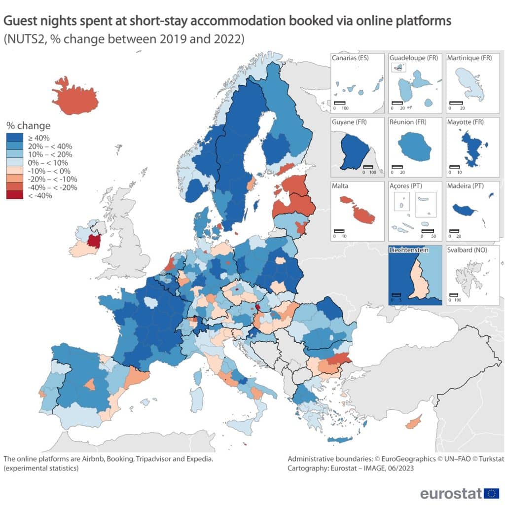 Map indicating the percentage change in guest nights spent from online bookings in the EU 2019-22