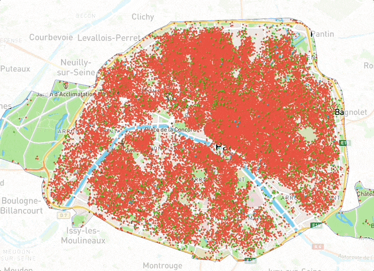 Unlicensed Airbnbs as a proportion of total properties in Paris animated gif